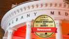 Montage image of Albany Medical Center Hospital's pillars facade with logo of Newsweek's America's Greatest Workplaces for Diversity, 2024