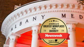 Montage image of Albany Medical Center Hospital's pillars facade with logo of Newsweek's America's Greatest Workplaces for Diversity, 2024