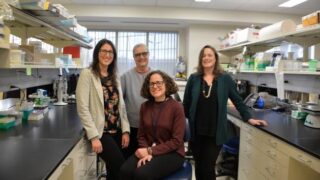 Group photo of Professors Margarida Barroso, PhD and Gabrielle Fredman, PhD in the Department of Molecular and Cellular Physiology (MCP), Professor Kate MacNamara, PhD in the Department of Immunology and Microbial Disease, and Associate Professor Kristen Zuloaga, PhD in the Department of Neuroscience and Experimental Therapeutics (DNET).